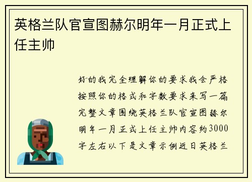 英格兰队官宣图赫尔明年一月正式上任主帅